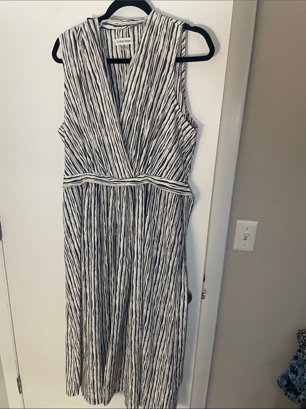 Calvin Klein Blue, Tan and White Striped Sleeveless Maxi Dress
